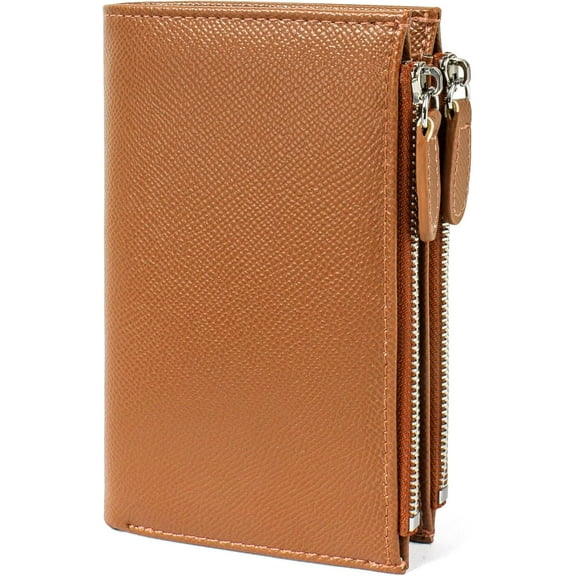 Small Wallets for Women Leather RFID Blocking Bifold Zipper Coin Pocket Wallet Card Case Holder Minimalist Clutch Handbag Purse (Medium-Brown)