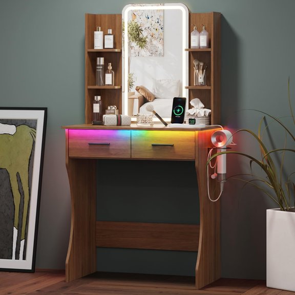 Small Walnut Vanity Desk With Mirror And Lights, 27.56x15.55x51.30 in
