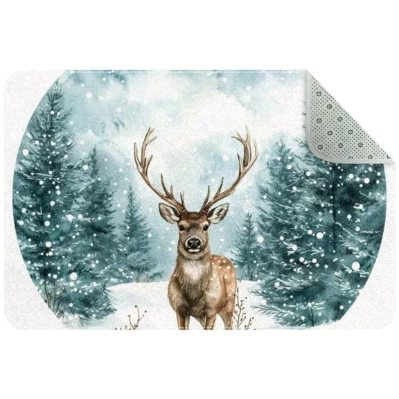 Small Washable Kitchen Rug, Art Watercolor Wild Forest Deer with Fir Trees Indoor Door Mats for Entryway, Non Slip Area Rug Floor Carpet for Entrance Bathroom Bedroom