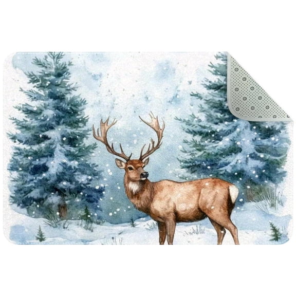 Small Washable Kitchen Rug, Art Watercolor Wild Forest Deer Surrounded by Fir Trees Indoor Door Mats for Entryway, Non Slip Area Rug Floor Carpet for Entrance Bathroom Bedroom