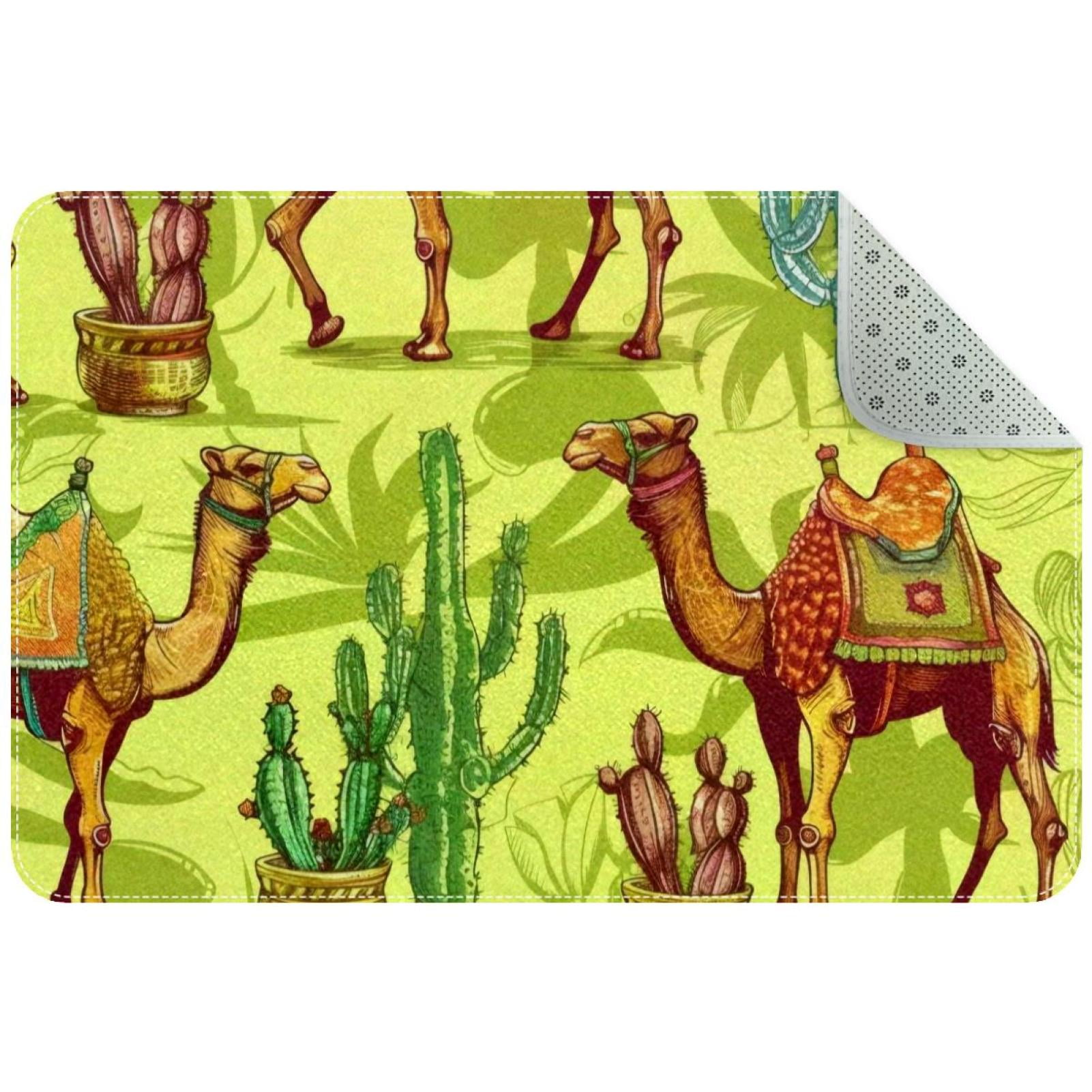 Small Washable Kitchen Rug, Camels in Different Poses and Cacti Indoor ...