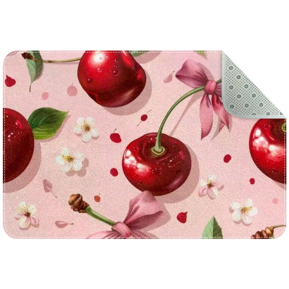 Small Washable Kitchen Rug, Cherry with Bow and Flower Seamless Pattern Indoor Door Mats for Entryway, Non Slip Area Rug Floor Carpet for Entrance Bathroom Bedroom