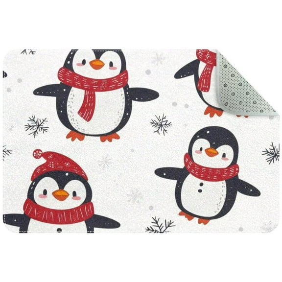 Small Washable Kitchen Rug, Christmas Animals Cute Penguin Pattern Indoor Door Mats for Entryway, Non Slip Area Rug Floor Carpet for Entrance Bathroom Bedroom