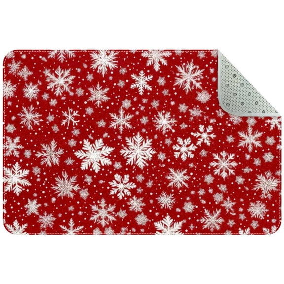 Small Washable Kitchen Rug, Christmas Seamless Snowflakes Red White Snow Winter Indoor Door Mats for Entryway, Non Slip Area Rug Floor Carpet for Entrance Bathroom Bedroom
