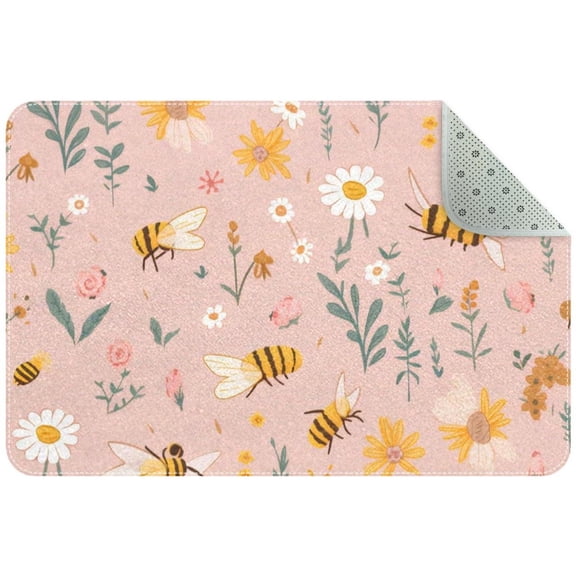 Small Washable Kitchen Rug, Cute Bees and Flowers Leaves Light Pink Indoor Door Mats for Entryway, Non Slip Area Rug Floor Carpet for Entrance Bathroom Bedroom