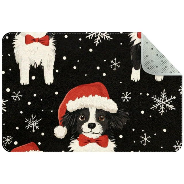 Small Washable Kitchen Rug, Cute Christmas Dogs in Santa Hat Snowflakes