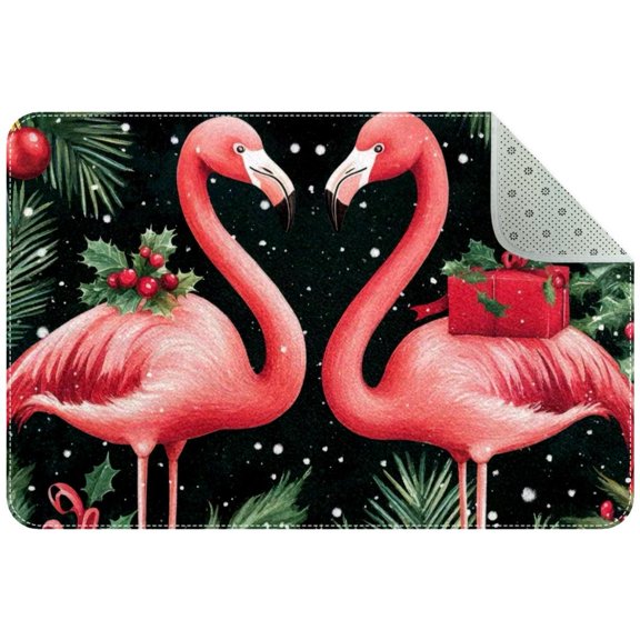Small Washable Kitchen Rug, Cute Christmas Flamingos Xmas Pattern Indoor Door Mats for Entryway, Non Slip Area Rug Floor Carpet for Entrance Bathroom Bedroom