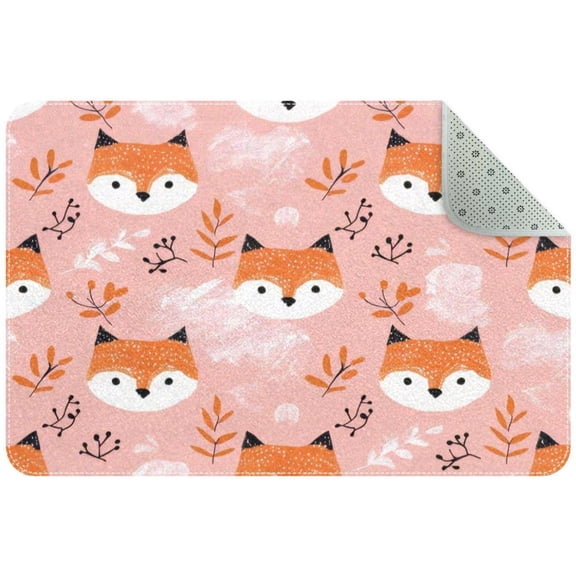 Small Washable Kitchen Rug, Cute Fox Face Animals Forest Pattern Indoor Door Mats for Entryway, Non Slip Area Rug Floor Carpet for Entrance Bathroom Bedroom