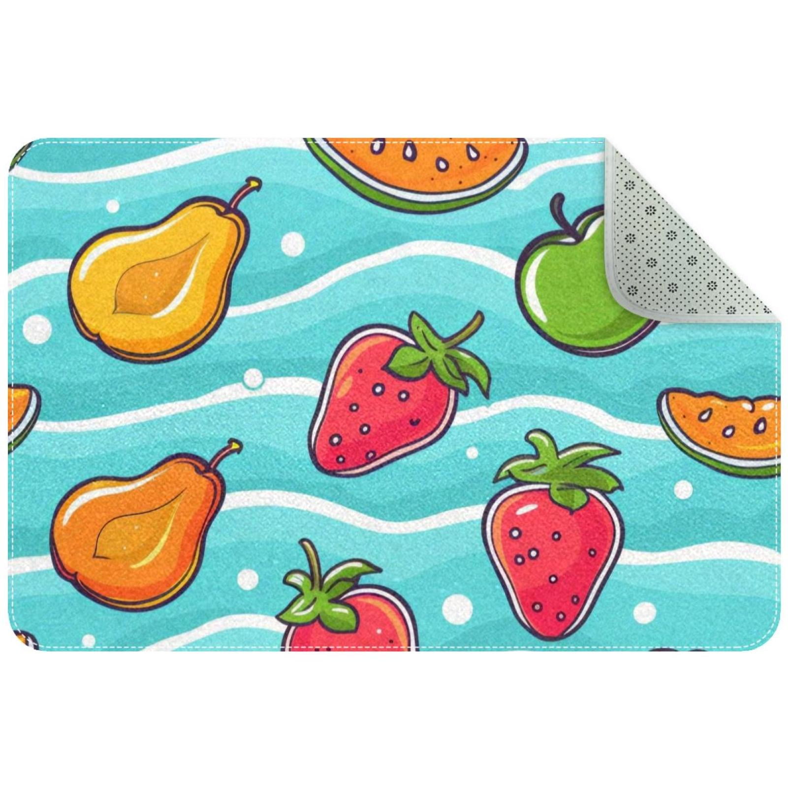 Small Washable Kitchen Rug, Cute Fruits on Blue Wave Background Indoor ...