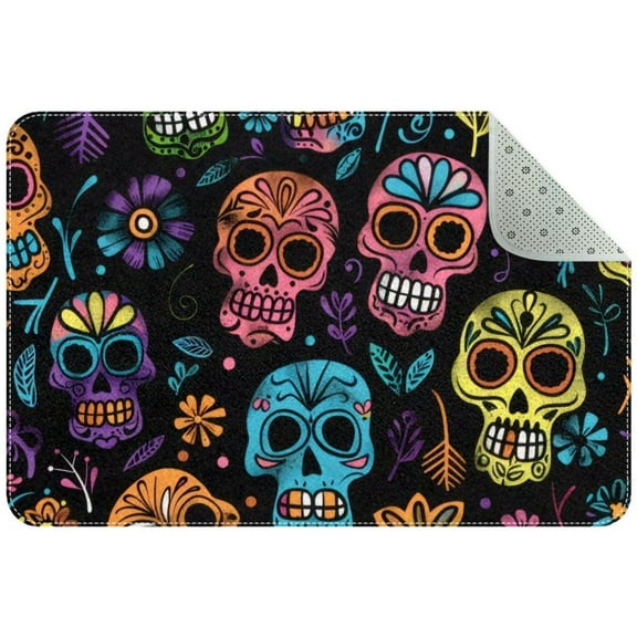 Small Washable Kitchen Rug, Day of the Dead Skulls Doodle Pattern Indoor Door Mats for Entryway, Non Slip Area Rug Floor Carpet for Entrance Bathroom Bedroom