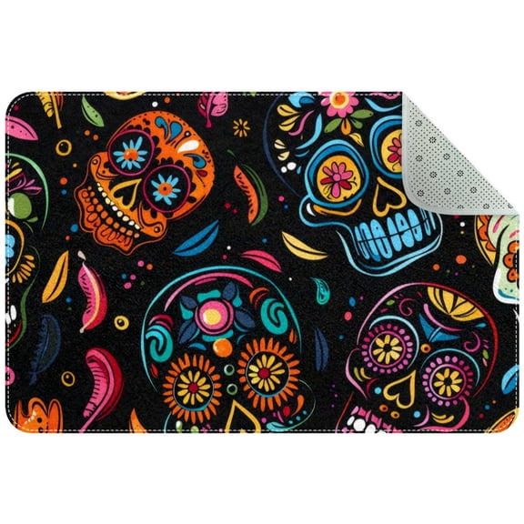 Small Washable Kitchen Rug, Day of the Dead Skulls Pattern Indoor Door Mats for Entryway, Non Slip Area Rug Floor Carpet for Entrance Bathroom Bedroom