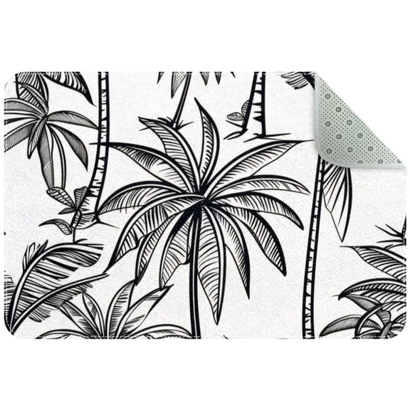 Small Washable Kitchen Rug, Hand Drawn Tropical Palm Leaves and Tree Indoor Door Mats for Entryway, Non Slip Area Rug Floor Carpet for Entrance Bathroom Bedroom