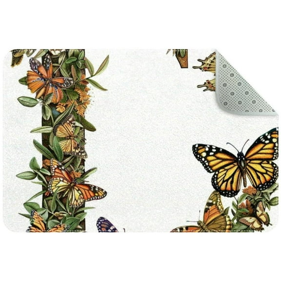 Small Washable Kitchen Rug, Letter L with Leaves Butterflies Aesthetic Pattern Indoor Door Mats for Entryway, Non Slip Area Rug Floor Carpet for Entrance Bathroom Bedroom