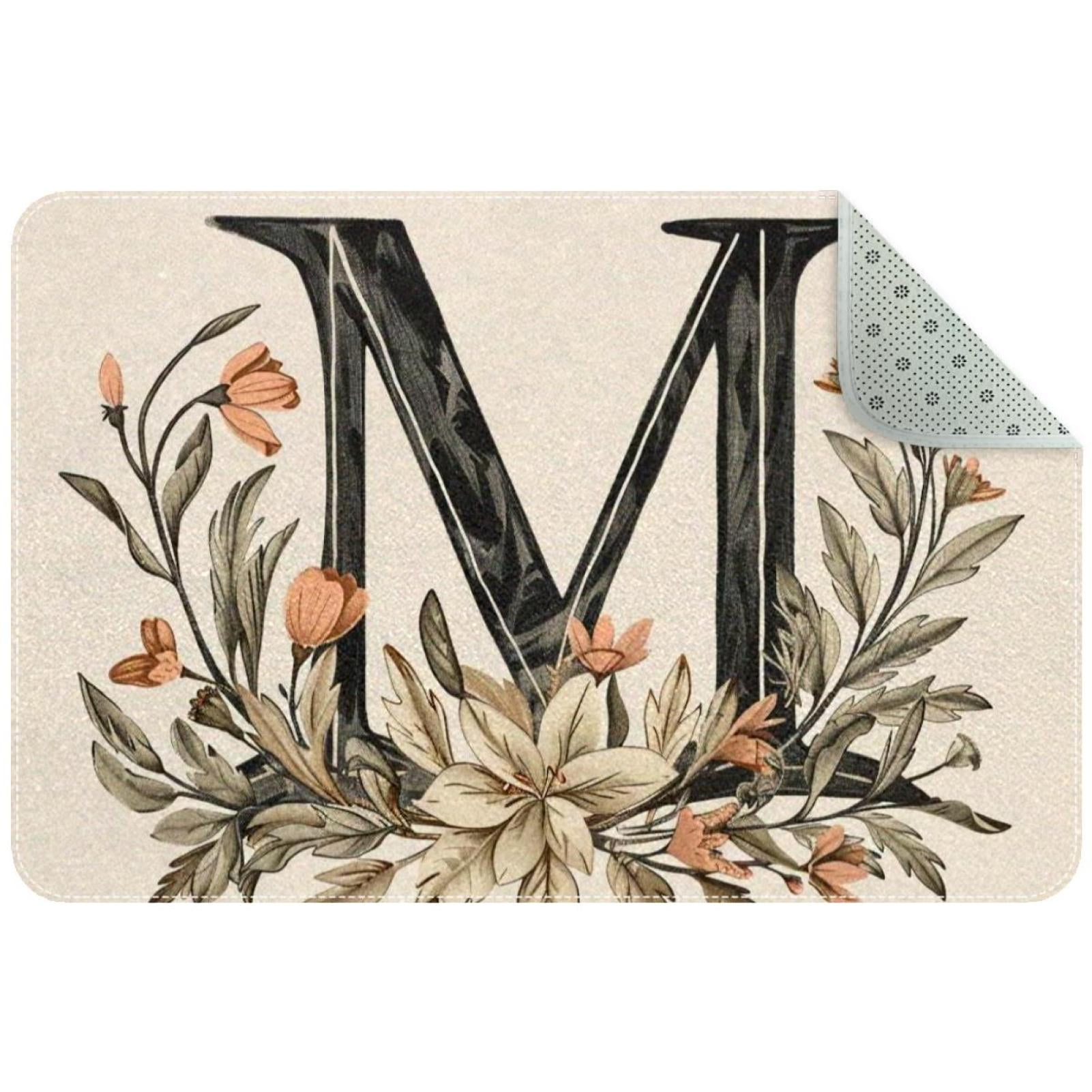 Small Washable Kitchen Rug, Letter M with Wreath Retro Pattern Indoor
