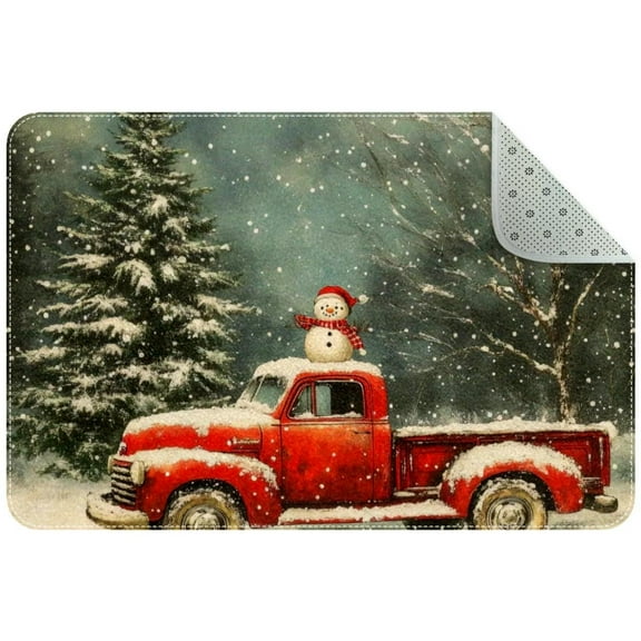 Small Washable Kitchen Rug, Merry Christmas Red Vintage Truck Xams Tree Winter Snow Indoor Door Mats for Entryway, Non Slip Area Rug Floor Carpet for Entrance Bathroom Bedroom