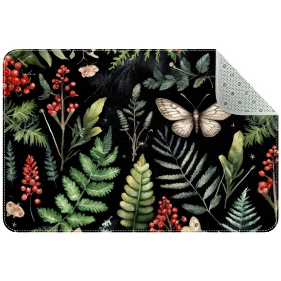 Small Washable Kitchen Rug, Natural Fir Branches Berries Flowers and Fern Pattern Indoor Door Mats for Entryway, Non Slip Area Rug Floor Carpet for Entrance Bathroom Bedroom