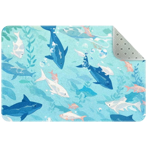 Small Washable Kitchen Rug, Ocean Sealife Whale Dolphin Fish Shark Pattern Indoor Door Mats for Entryway, Non Slip Area Rug Floor Carpet for Entrance Bathroom Bedroom