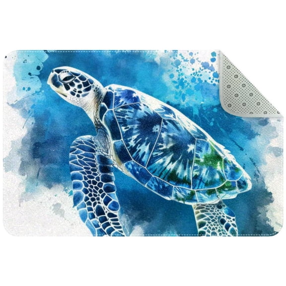 Small Washable Kitchen Rug, Sea Turtle Blue Ocean Watercolor Style Indoor Door Mats for Entryway, Non Slip Area Rug Floor Carpet for Entrance Bathroom Bedroom