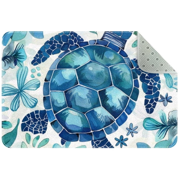 Small Washable Kitchen Rug, Sea Turtle Blue Teal Ocean Pattern Indoor Door Mats for Entryway, Non Slip Area Rug Floor Carpet for Entrance Bathroom Bedroom