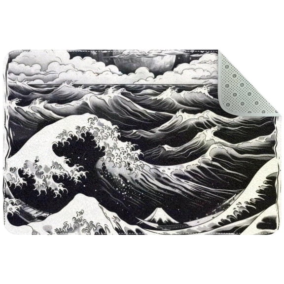 Small Washable Kitchen Rug, Sea Waves Retro Style Indoor Door Mats for Entryway, Non Slip Area Rug Floor Carpet for Entrance Bathroom Bedroom
