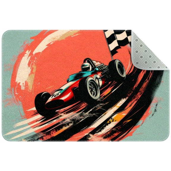 Small Washable Kitchen Rug, Speeding Racing Car with Checkered Flag and Racetrack Indoor Door Mats for Entryway, Non Slip Area Rug Floor Carpet for Entrance Bathroom Bedroom