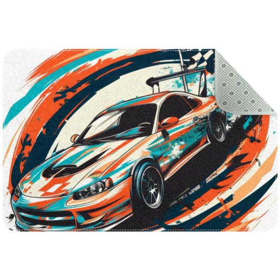 Small Washable Kitchen Rug, Speeding Racing Car with Checkered Flag Racetrack Indoor Door Mats for Entryway, Non Slip Area Rug Floor Carpet for Entrance Bathroom Bedroom