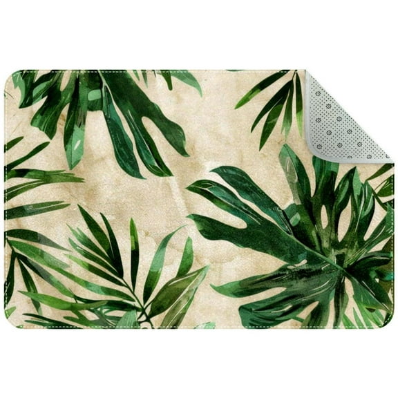 Small Washable Kitchen Rug, Summer Tropical Palm Leaves Pattern Indoor Door Mats for Entryway, Non Slip Area Rug Floor Carpet for Entrance Bathroom Bedroom