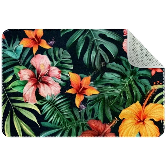 Small Washable Kitchen Rug, Tropical Floral Exotic Flowers Palm Leaves Indoor Door Mats for Entryway, Non Slip Area Rug Floor Carpet for Entrance Bathroom Bedroom