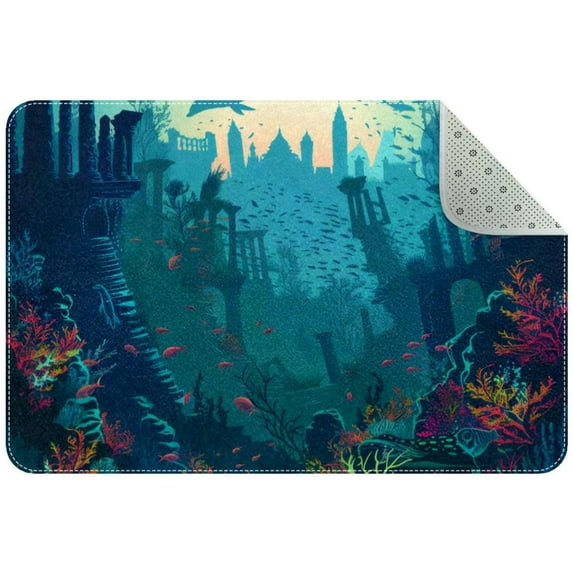 Small Washable Kitchen Rug, Underwater Life Ocean Animals and Plants Coral Indoor Door Mats for Entryway, Non Slip Area Rug Floor Carpet for Entrance Bathroom Bedroom