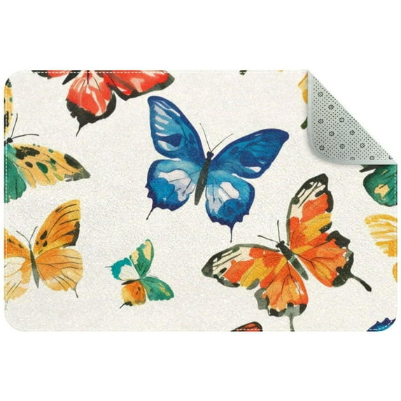 Small Washable Kitchen Rug, Watercolor Colorful Butterflies Pattern Indoor Door Mats for Entryway, Non Slip Area Rug Floor Carpet for Entrance Bathroom Bedroom