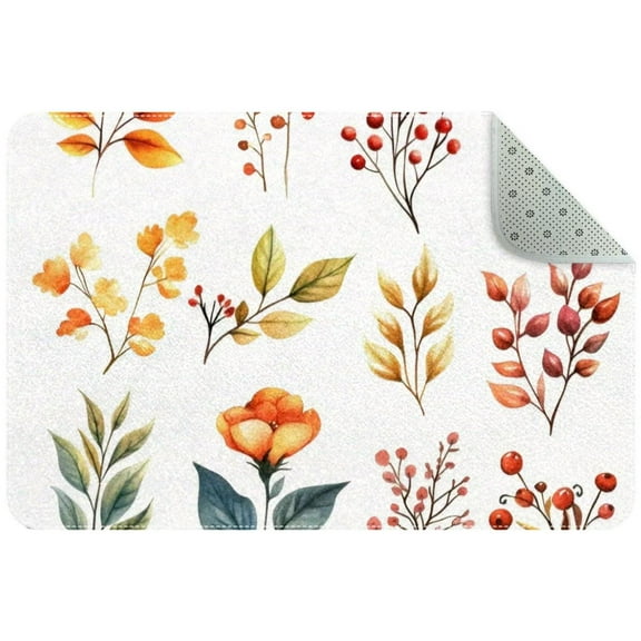 Small Washable Kitchen Rug, Watercolor Fall Flowers Branches Leaves Red Berries Indoor Door Mats for Entryway, Non Slip Area Rug Floor Carpet for Entrance Bathroom Bedroom