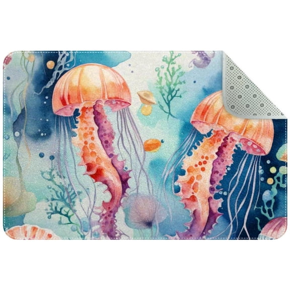 Small Washable Kitchen Rug, Watercolor Sea Jellyfish Coral Ocean Pattern Indoor Door Mats for Entryway, Non Slip Area Rug Floor Carpet for Entrance Bathroom Bedroom