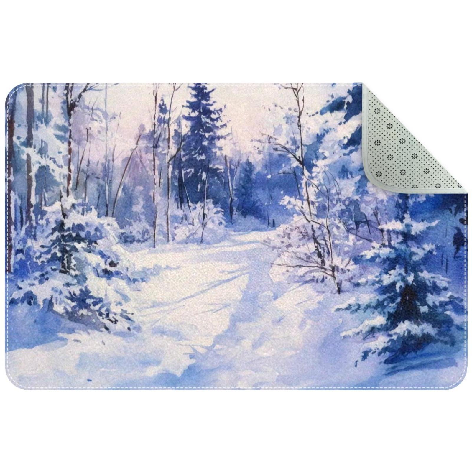 Small Washable Kitchen Rug, Watercolor Winter Scenery Seasonal Xmas