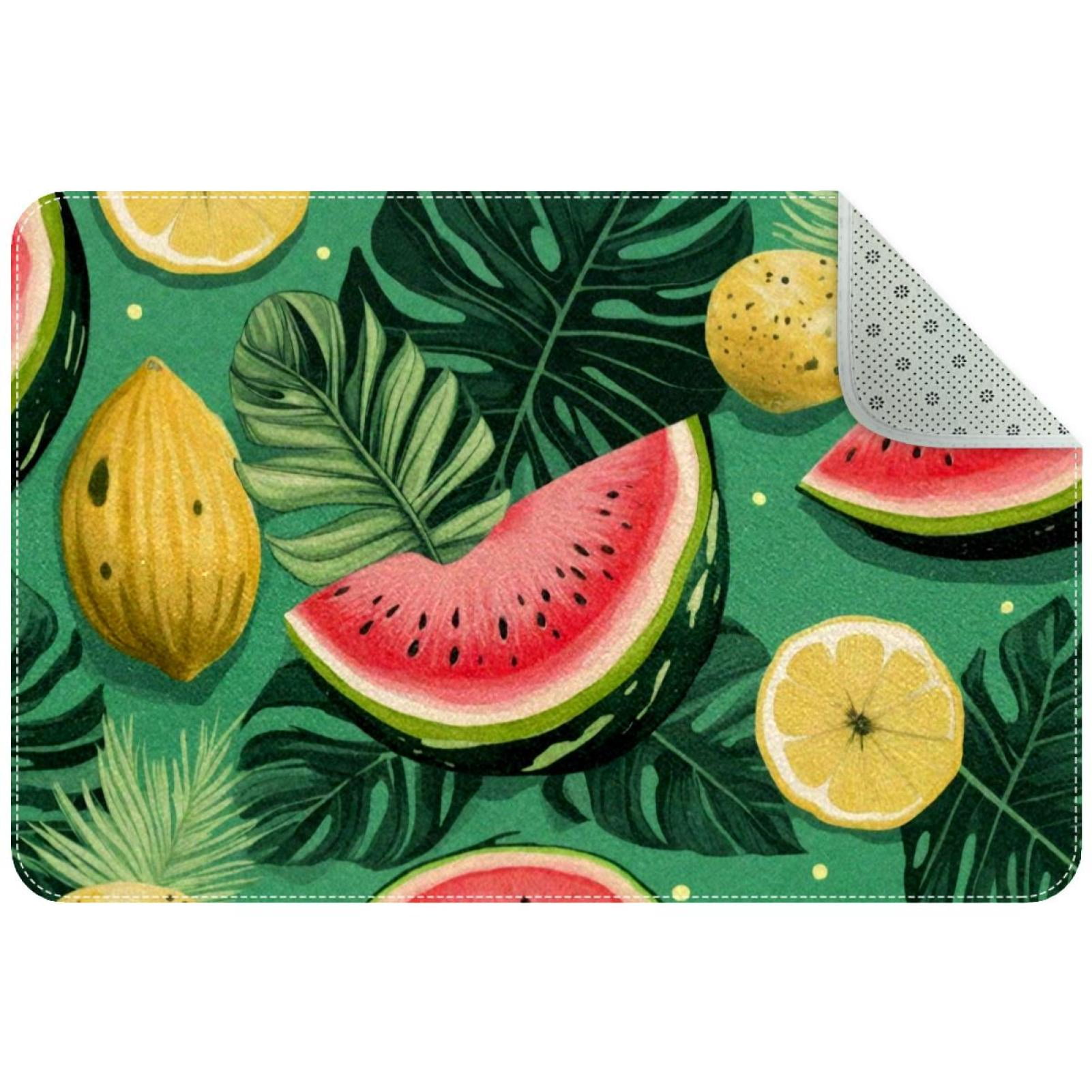Small Washable Kitchen Rug, Watermelon Lemon Tropical Leaves Green ...