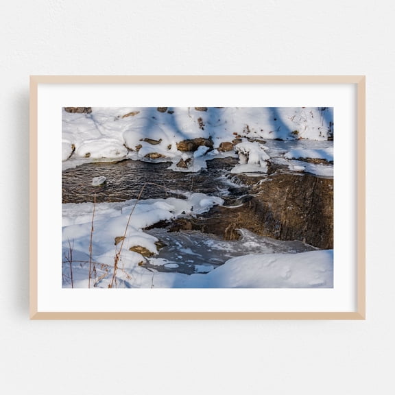 A Small Waterfall along the Codorus Creek, York County Pennsylva - York Pennsylvania Photography Winter Snow Nature Scenic Landscape Water Wilderness Oak Framed Wall Art Print 5 x 7 inches