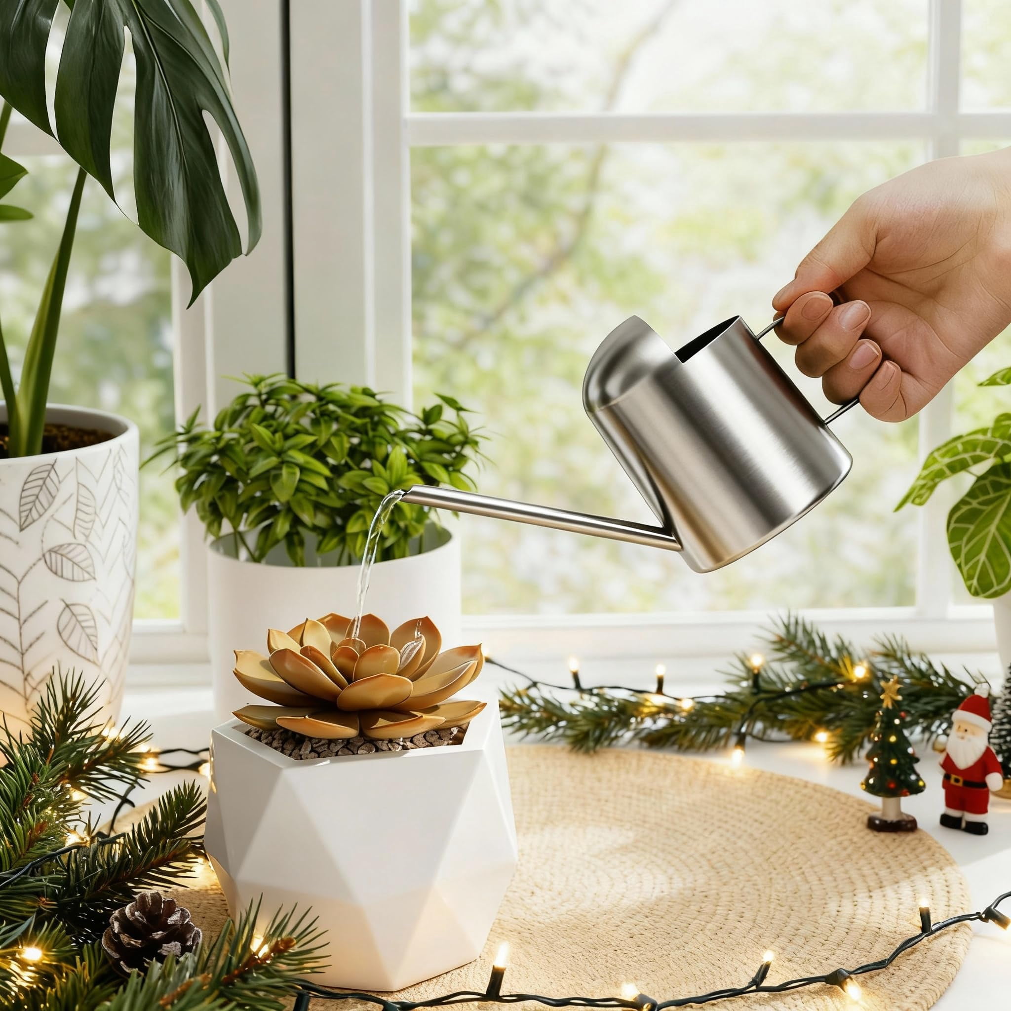 Small Watering Can Indoor Outdoor Plant Metal Stainless Steel Long Spoutt Flowers Watering Cans for House Garden Plants 10OZ Watering Bottle Cute Decorative for Bonsai(Bronze) - SILVER