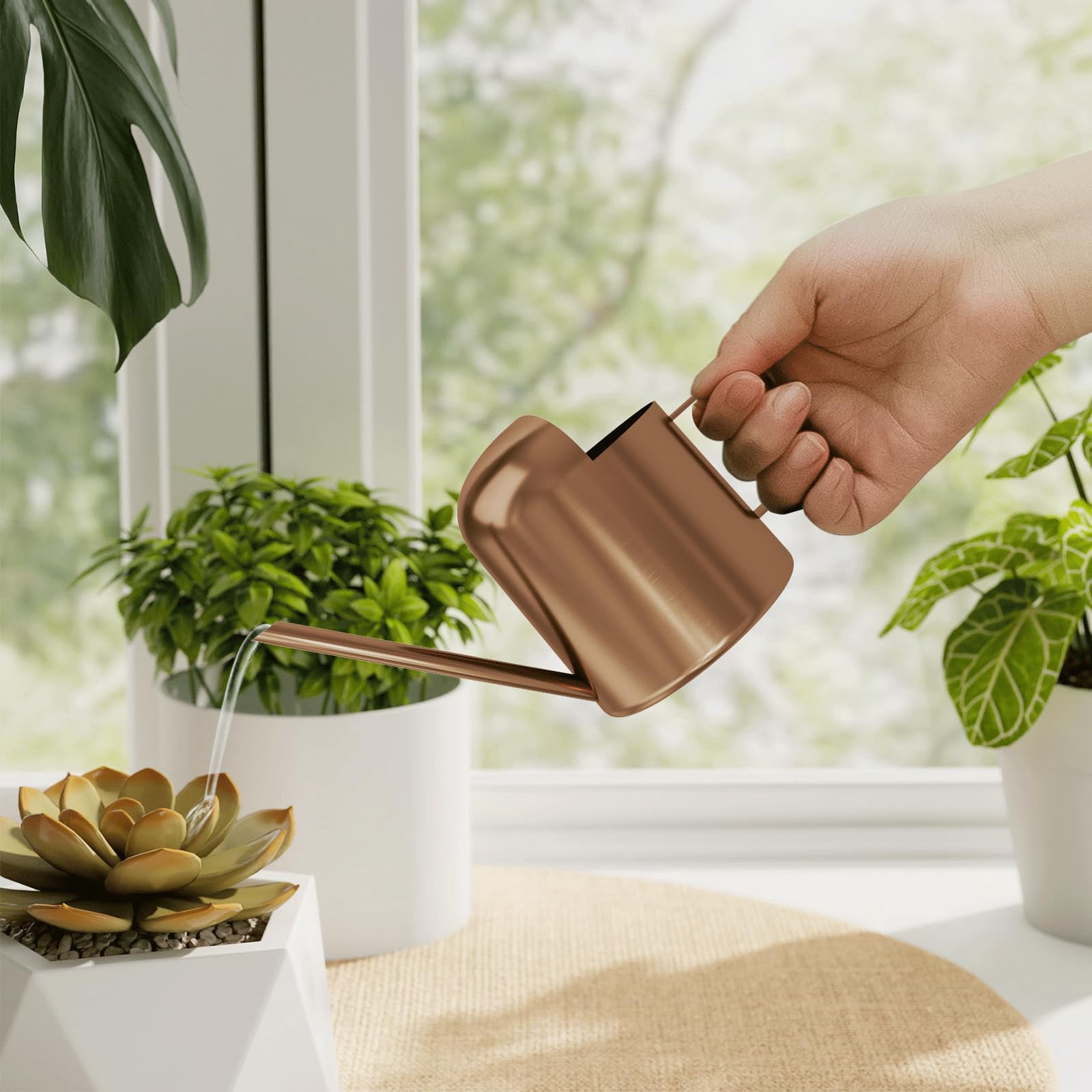 Small Watering Can Indoor Outdoor Plant Metal Stainless Steel Long Spoutt Flowers Watering Cans for House Garden Plants 10OZ Watering Bottle Cute Decorative for Bonsai(Bronze) - BRONZE