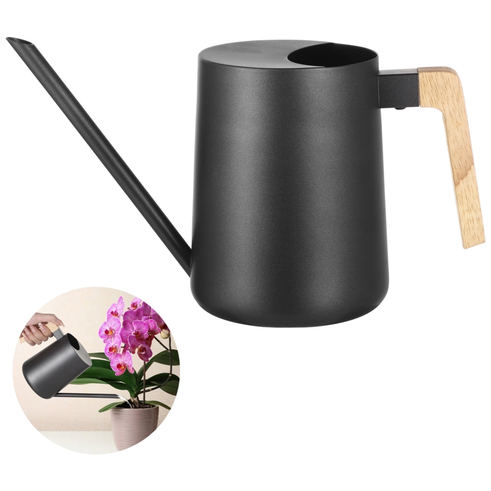 35 oz Small Watering Can for Indoor Plants – Long Spout Black Metal Plant Can with Wooden Handle, Rust-Resistant, Modern Minimalist Design for Houseplants, Desk Plants & Hanging Plants