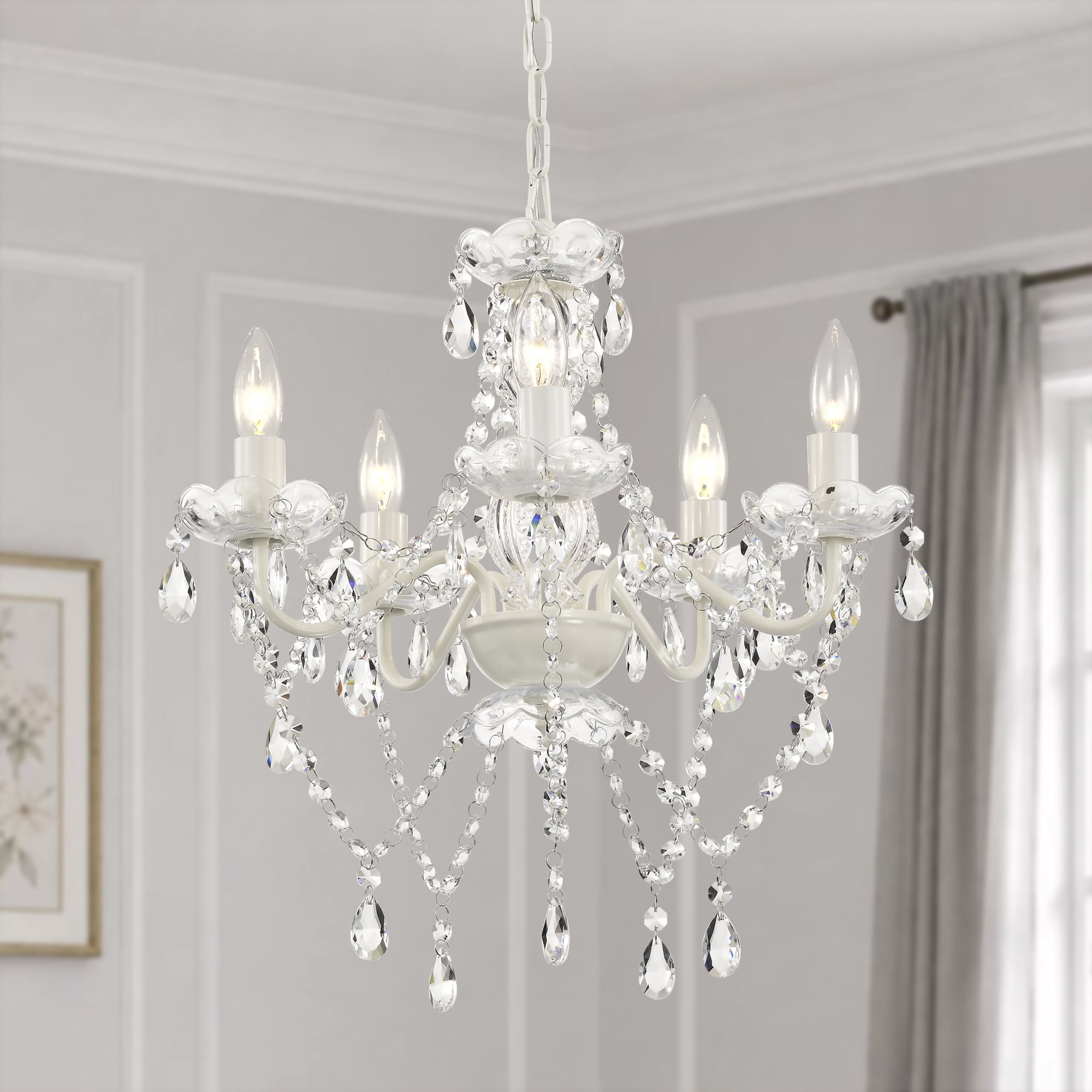 Small White 5-Light Crystal Chandelier, Modern Chandelier Ceiling Light Fixture, Small Chandelier for Bedroom, Dining Room, Girls Room