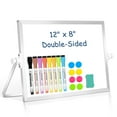 thumbnail image 1 of Small White Board with Stand, Dry Erase White Board, 12"X8" Double-Sided Magnetic Whiteboard with 8 Markers, 8 Magnets, 1 Eraser, White Board Easel for Drawing Memo to Do List Wall Decor, 1 of 8