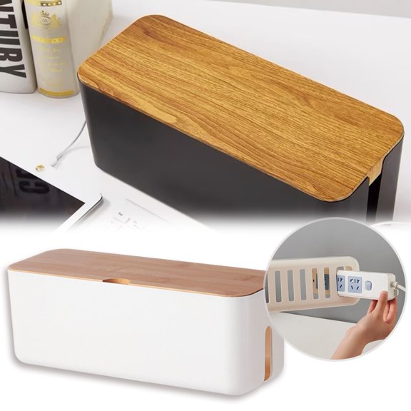Small White Cable Management Box - 1-Hole Power Strip Organizer, Ventilated Plastic Cord Storage Container for Desk & TV