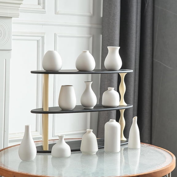 Small White Ceramic Bud Vase Set, 11-Piece Mini Pottery Vases, Decorative Flower Display, Home Decor for Living Room, Dining, or Shelf Accent