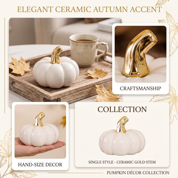 Small White Ceramic Pumpkin Decor with Gold Stem, Mini Elegant Fall Home Decoration for Shelf Mantel Kitchen Counter, Modern Halloween Thanksgiving Centerpiece Ornament DIY Craft Gift