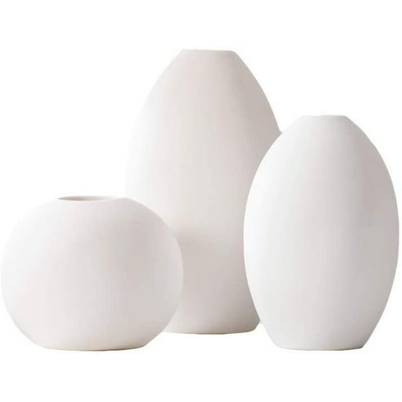 Small White Ceramic Vase Set for Home Decor -Set of 3 (White)