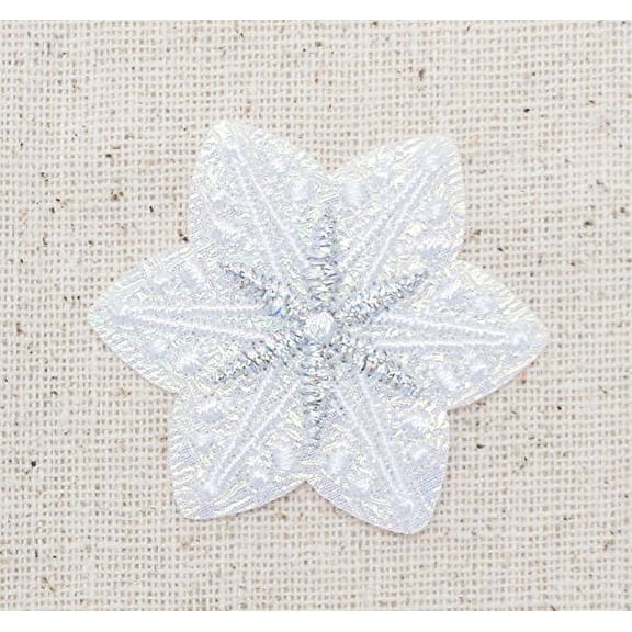 Small - White Christmas Snowflake Iridescent - Iron On Embroidered Applique Patch