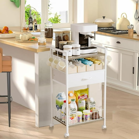 Small White Coffee Cart with Drawer Storage, Coffee Station Mug Cup Holder Stand, 3-Tier Coffee Table for Home Buffets & Sideboards, Office Coffee Station for Kichen, Entryway, Living Room