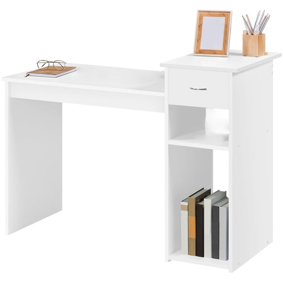 Small White Computer Desk with Drawers and Printer Shelves, Wood Study Writing Table Compact PC Laptop Workstation for Gaming, Home Office, Small Space, White
