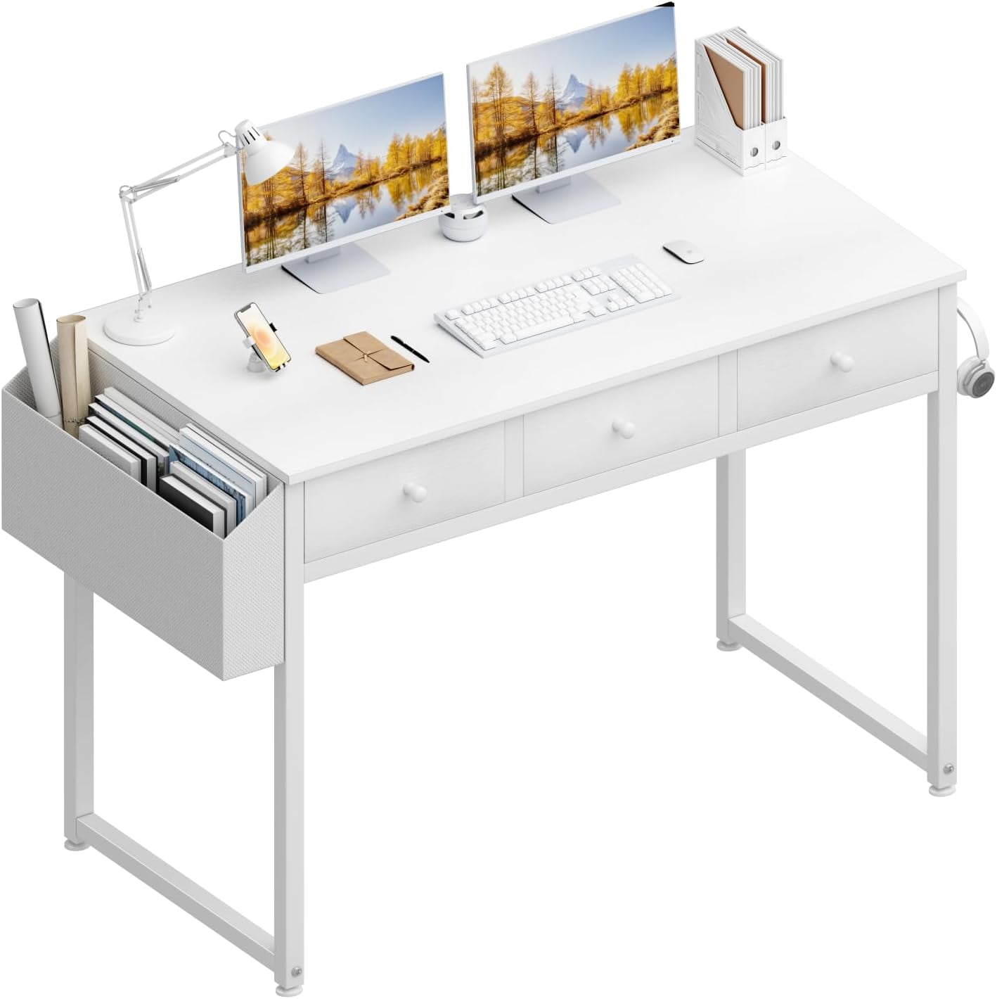Small White Computer Desk with Fabric Drawers for Home Office Bedroom ...