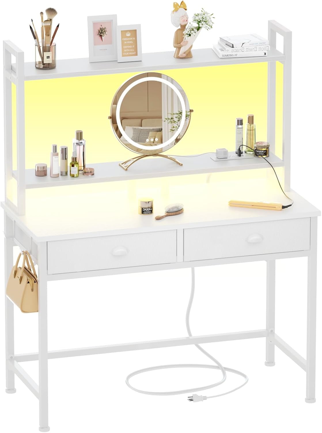 Computer Vanity Desk Small White Computer Desk with Power Outlet and 2 Fabric Drawers, 40 ...
