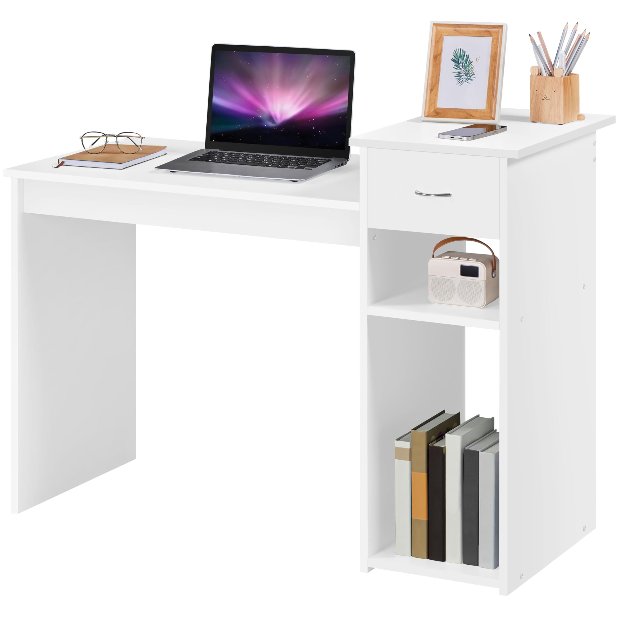 Small White Computer Desk with Drawers and Printer Shelves, Wood Study ...